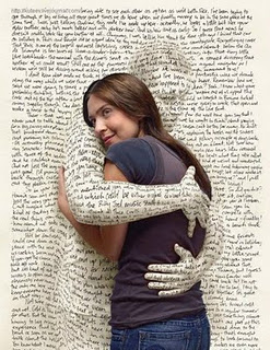 woman hugging a man wrapped in text